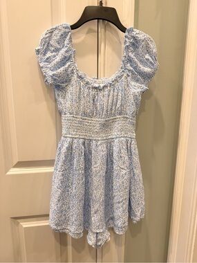 Hollister Blue & White Floral Puff-Sleeve Mini Dress